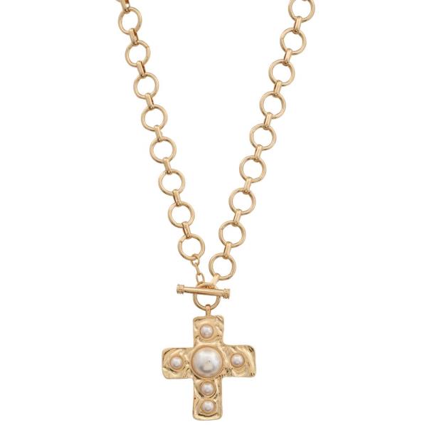 SDJ HAMMERED METAL PEARL CIRCLE LINK TOGGLE CLASP NECKLACE