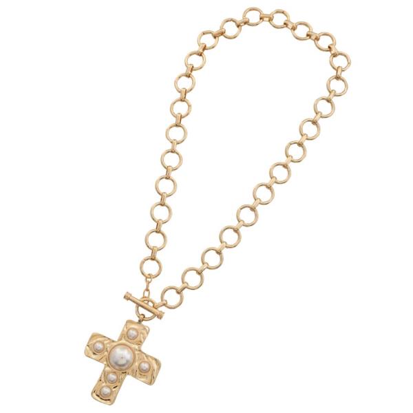 SDJ HAMMERED METAL PEARL CIRCLE LINK TOGGLE CLASP NECKLACE