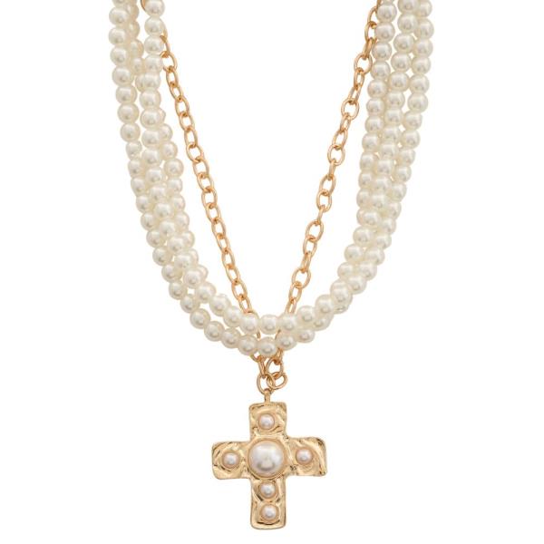 SDJ CROSS PEARL BEAD LAYERED NECKLACE