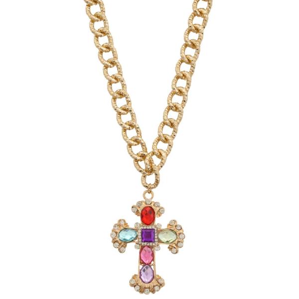 SDJ RHINESTONE CROSS PENDANT CIRCLE LINK NECKLACE