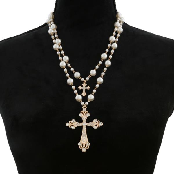 SDJ RHINESTONE CROSS PENDANT PEARL BEAD LAYERED NECKLACE
