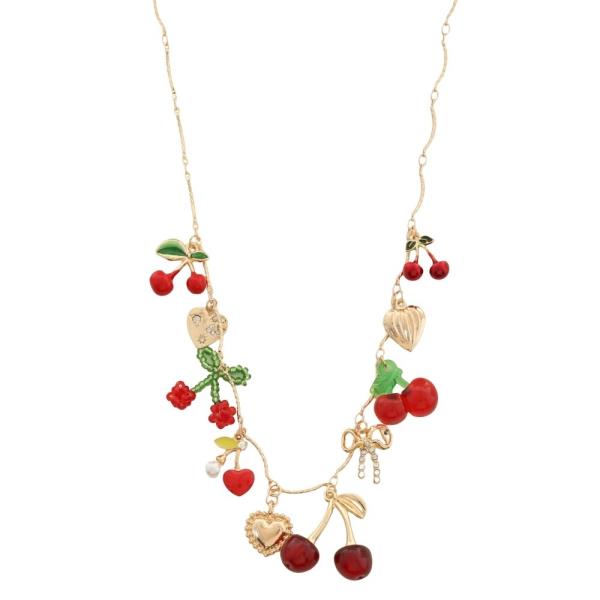 HEART SHELL CHERRY CHARM METAL NECKLACE