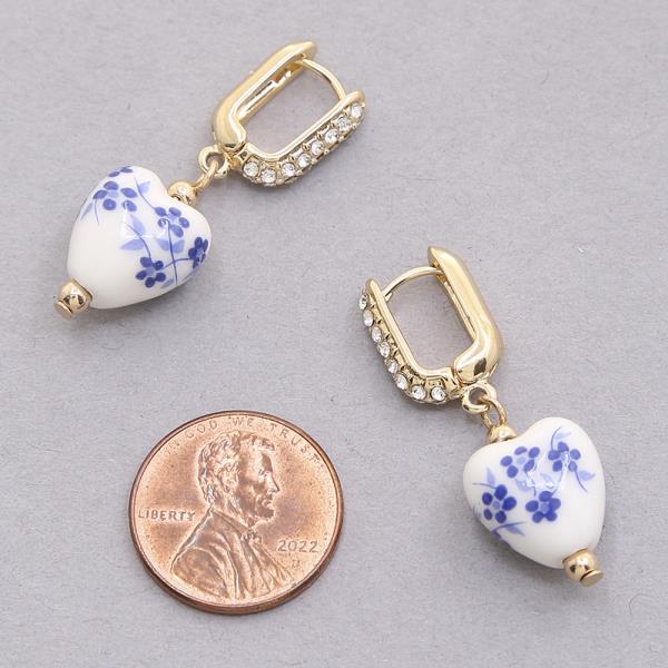 RHINESTONE HUGGIE CERAMIC HEART DANGLE EARRING
