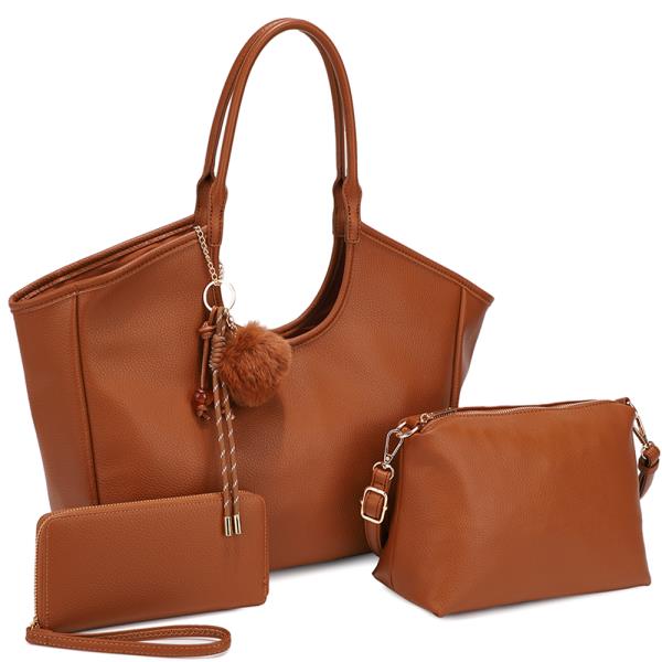 3IN1 SMOOTH POM HANDLE TOTE BAG W CROSSBODY AND WALLET SET