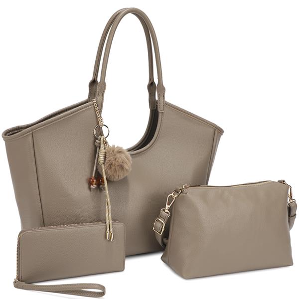 3IN1 SMOOTH POM HANDLE TOTE BAG W CROSSBODY AND WALLET SET