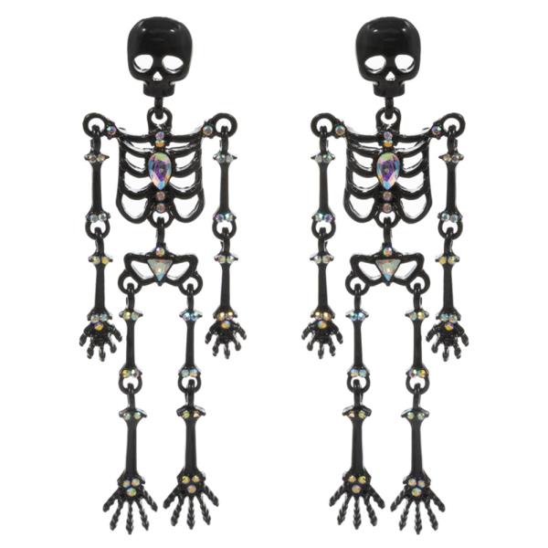 RHINESTONE BLACK METAL FULL-BODY SKELETON DANGLE EARRINGS