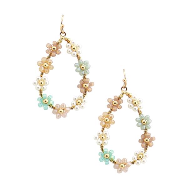 COLORFUL BEADED FLOWER HOOP EARRINGS WITH PEARL ACCENTS