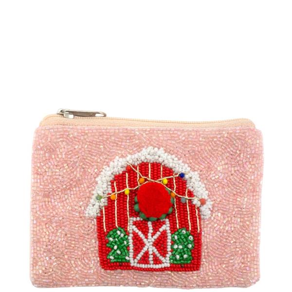CHRISTMAS BARN SEED BEAD COIN BAG