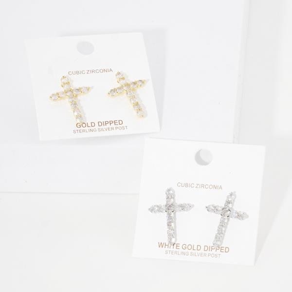 GOLD DIPPED CZ CROSS POST EARRING