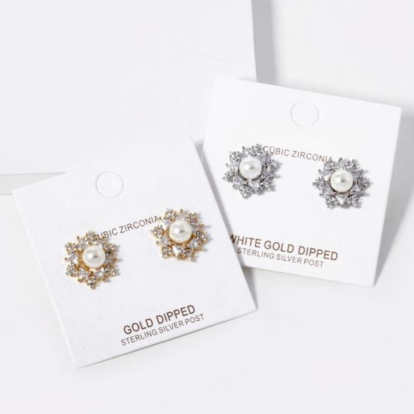 GOLD DIPPED CZ PEARL FLOWER STUD EARRING