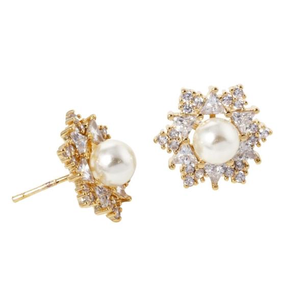 GOLD DIPPED CZ PEARL FLOWER STUD EARRING