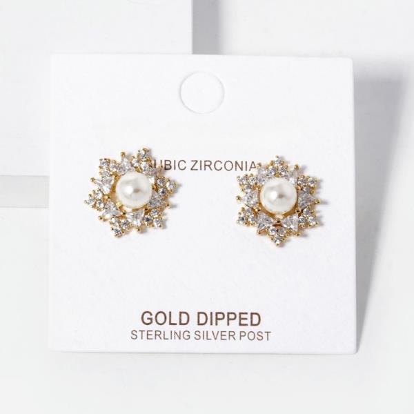 GOLD DIPPED CZ PEARL FLOWER STUD EARRING