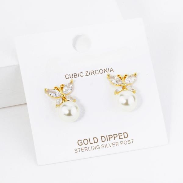 GOLD DIPPED CZ PEARL BUTTERFLY STUD EARRING