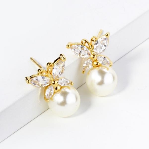 GOLD DIPPED CZ PEARL BUTTERFLY STUD EARRING