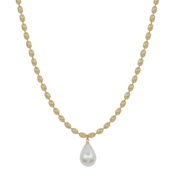 OVAL TEXTURED METAL CHAIN TEARDROP PEARL PENDANT SHORT NECKLACE