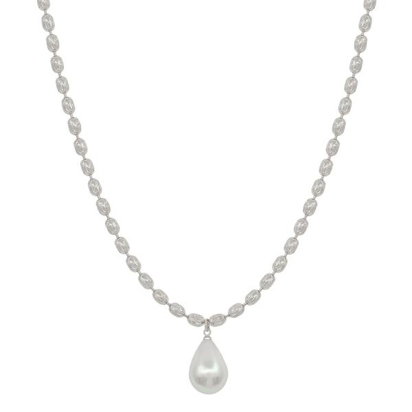 OVAL TEXTURED METAL CHAIN TEARDROP PEARL PENDANT SHORT NECKLACE