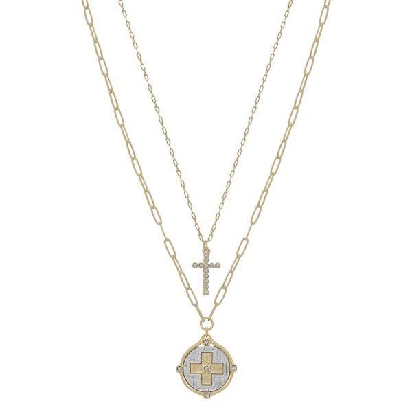 2 LAYERED CROSS PAVE & COIN CHARMS SHORT NECKLACE