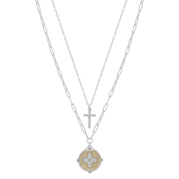 2 LAYERED CROSS PAVE & COIN CHARMS SHORT NECKLACE