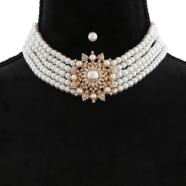 LAYERED PEARL RHINESTONE FLOWER POINT CHOKER NECKLACE EARRING SET