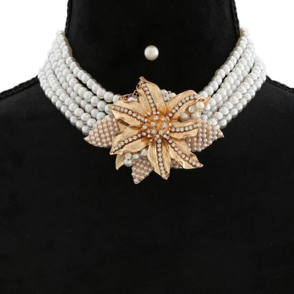 RHINESTONE METAL VINTAGE FLOWER MULTI PEARL CHOKER NECKLACE EARRING SET