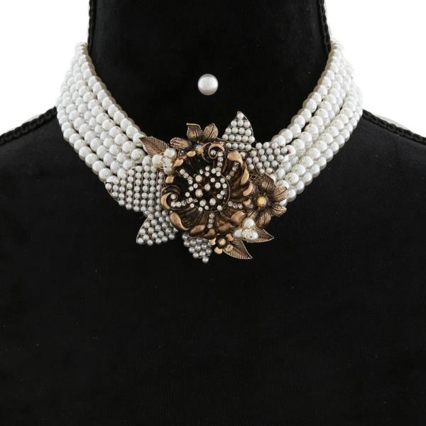 LAYERED PEARL RHINESTONE VINTAGE FLOWER POINT CHOKER NECKLACE EARRING SET