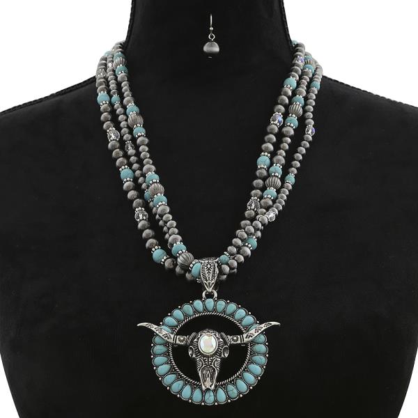 WESTERN TQ STONE COW SKULL PENDANT LONG NECKLACE EARRING SET
