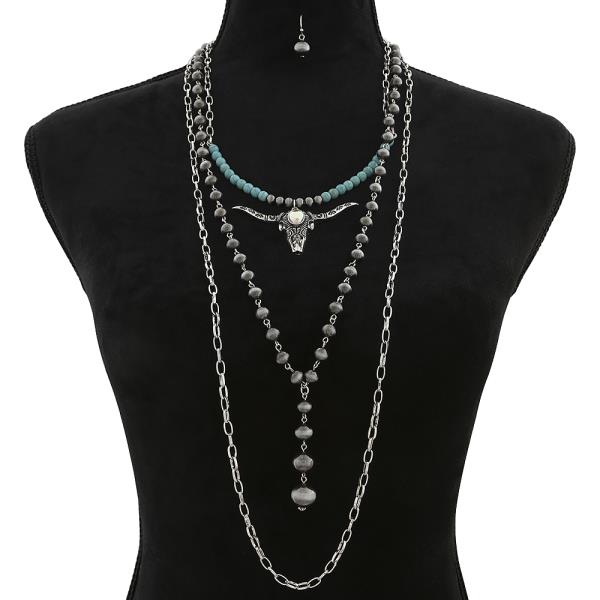 WESTERN 3 LAYERED METAL BEAD MIX COW SKULL PENDANT LONG NECKLACE EARRING SET