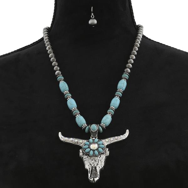TQ STONE MIX BEAD COW SKULL PENDANT LONG NECKLACE EARRING SET