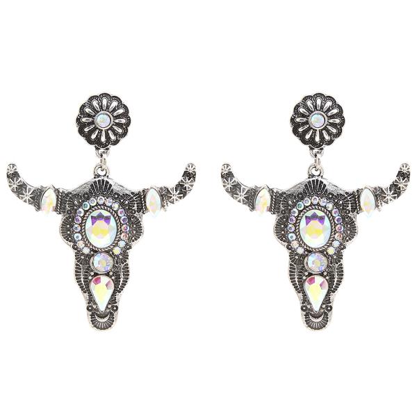 WESTERN STYLE RHINESTONE COW SKULL DANGLE EARRING