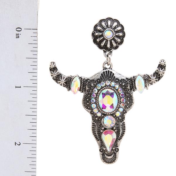 WESTERN STYLE RHINESTONE COW SKULL DANGLE EARRING