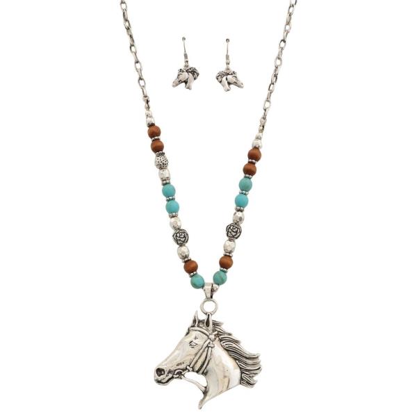 MULTI STONE WOOD BEAD MIX METAL CHAIN HORSE HEAD PENDANT NECKLACE EARRING SET