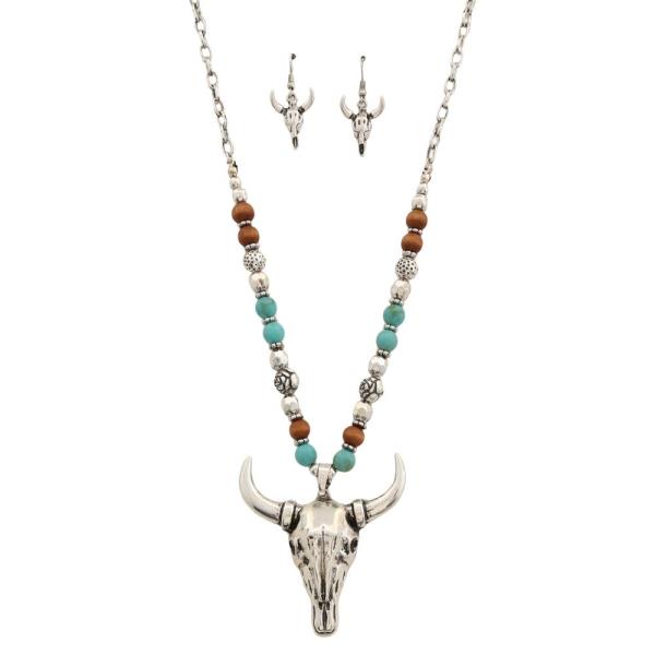 WESTERN MULTI BEAD COW SKULL PENDANT LONG NECKLACE EARRING SET