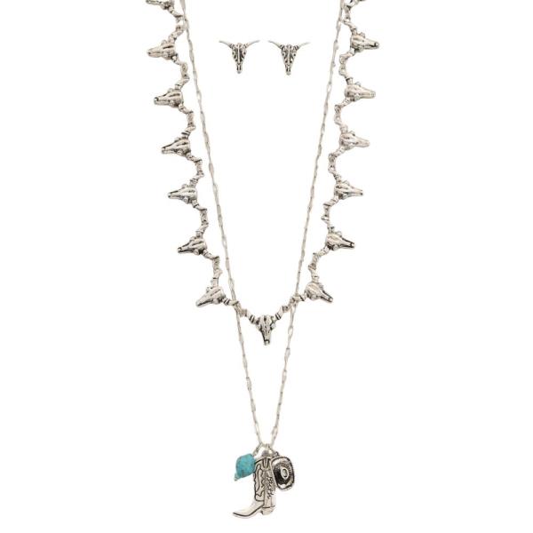 2 LAYERED COW SKULL CHAIN WESTERN BOOTS HAT PENDANT NECKLACE EARRING SET