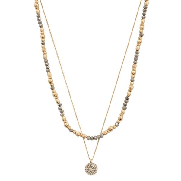 2 LAYERED GLASS METAL BEAD MIX CHAIN RHINESTONE ROUND PENDANT NECKLACE