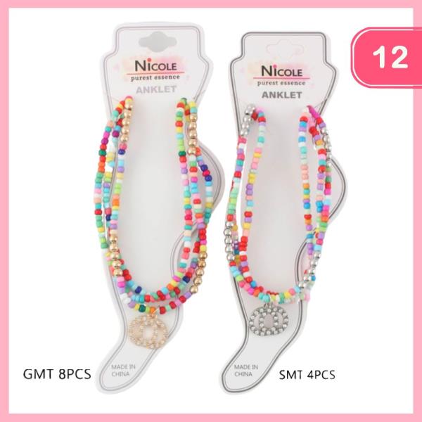 LAYERED BEADED RHINESTONE PENDANT ANKLET (12 UNITS)