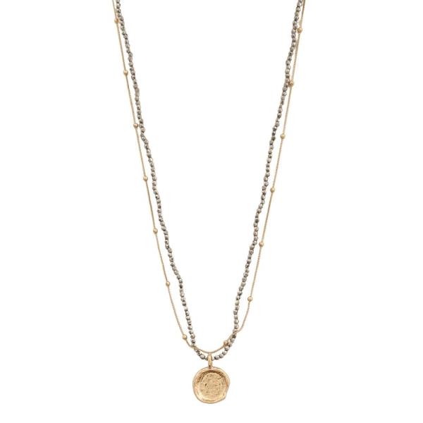 2 LAYERED METAL BEAD CHAIN COIN PENDANT NECKLACE