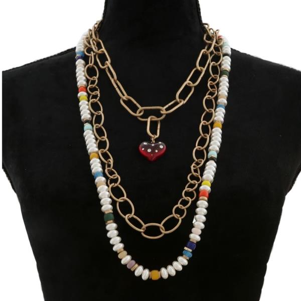 3 LAYERED PEARL METAL CHAIN HEART PENDANT NECKLACE