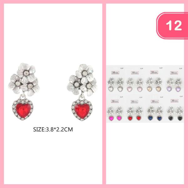 FLOWER RHINESTONE HEART EARRINGS (12 UNITS)