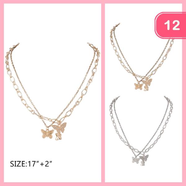 RHINESTONE BUTTERFLY PENDANT LAYERED NECKLACE (12 UNITS)