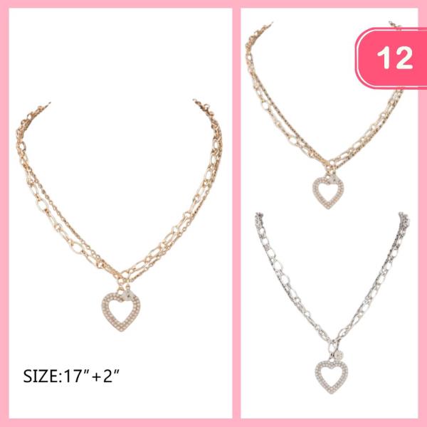 PEARL HEART PENDANT LAYERED NECKLACE (12 UNITS)