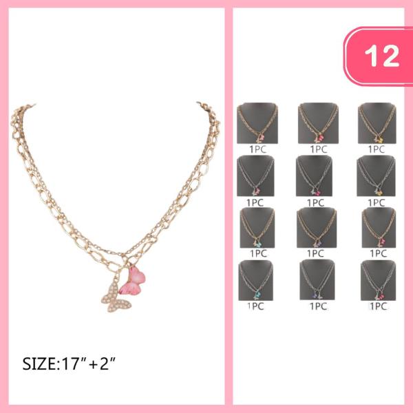 RHINESTONE BUTTERFLY PENDANT LAYERED NECKLACE (12 UNITS)