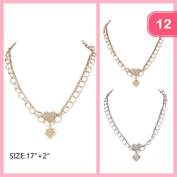 RHINESTONE HEART PENDANT LAYERED NECKLACE (12 UNITS)
