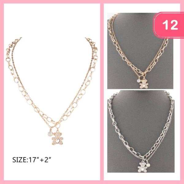 RHINESTONE BEAR PENDANT LAYERED NECKLACE (12 UNITS)