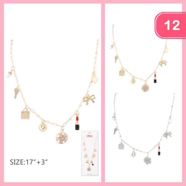 BOW LIPSTICK HEART CHARM NECKLACE (12 UNITS)