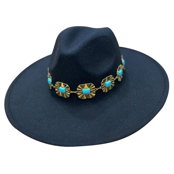 FELT WIDE BRIM TURQUOISE CONCHO WESTERN FEDORA HAT