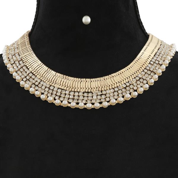 METAL RHINESTONE PEARL EDGE SHORT NECKLACE EARRING SET
