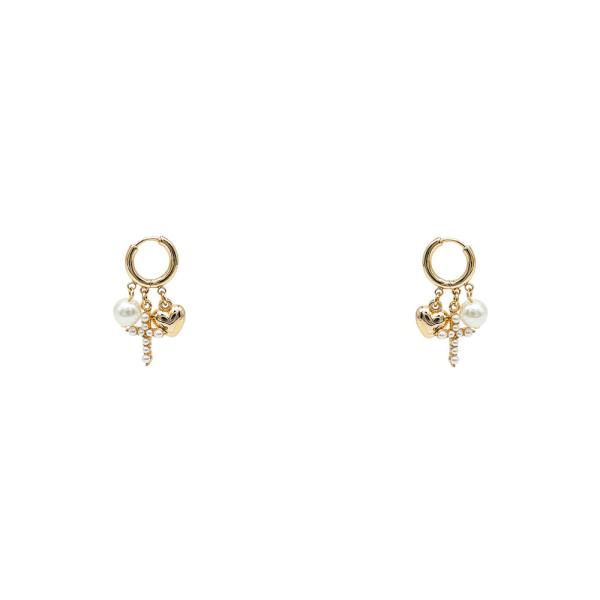 PEARL CROSS HEART CHARM HUGGIE HOOP EARRING