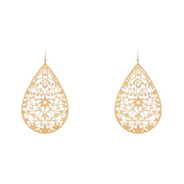 METAL TEARDROP FLOWER PATTERN DANGLE EARRING