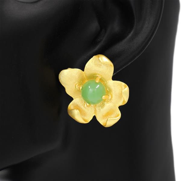GLOSSY GREEN CABOCHON CENTER WITH GOLD FLOWER EARRING