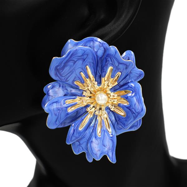 OVERSIZED MARBLED FLOWER WITH PEARL CENTER EARRING